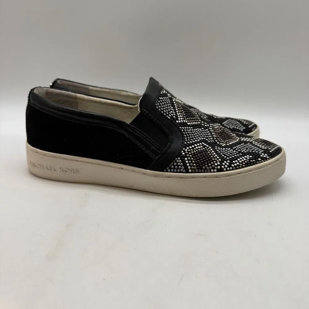 Michael Kors MK Leo Beaded Suede Loafers Women's 7.5M Black White Slip On Shoes